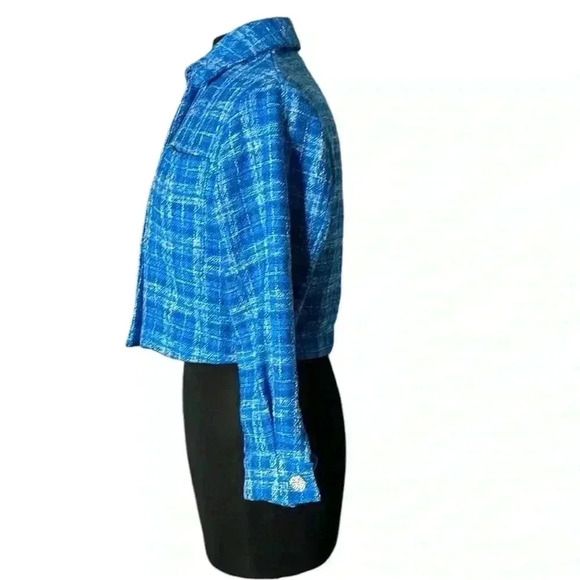 Zara Bright Blue Tweed Strictures Cropped Jacket with Rhinestone Buttons Size XS - Picture 4 of 9